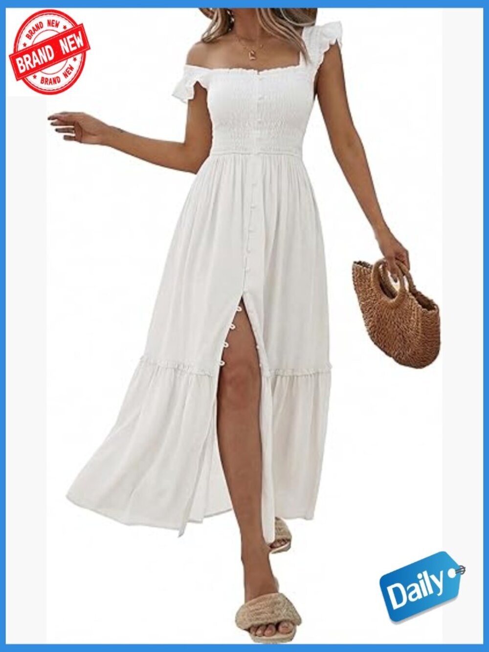 Square Neck Midi Dress with Pockets Smocked Bodice Ruffle Cap Sleeve Flowy
